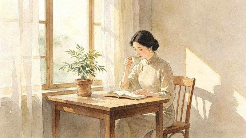 清晨窗边的一杯热水与微亮的房间,安静柔和的插画